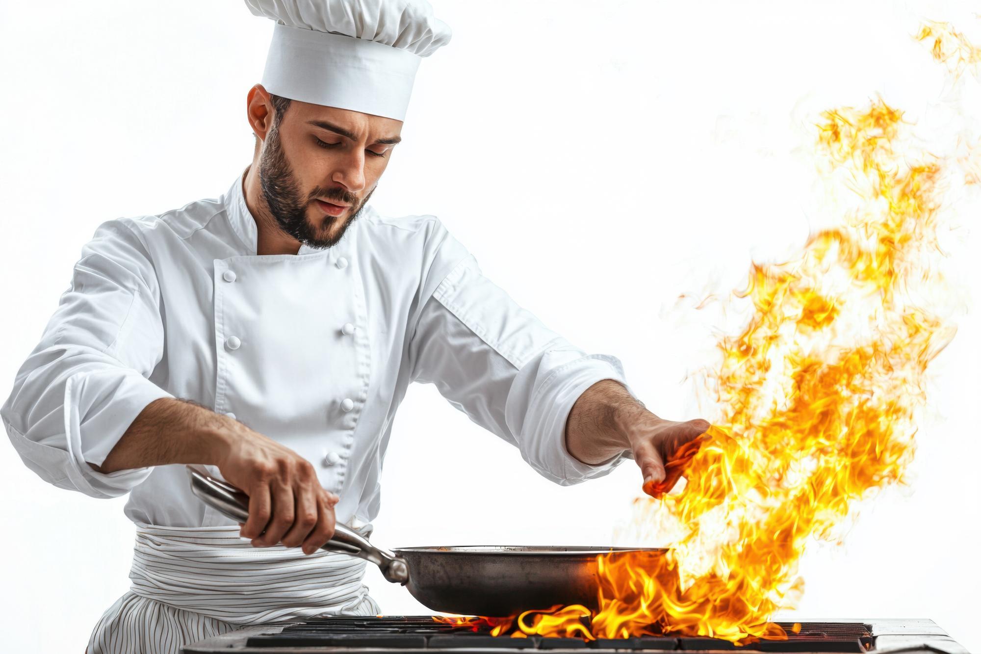 Chef mostra tecnica di cottura su fuoco